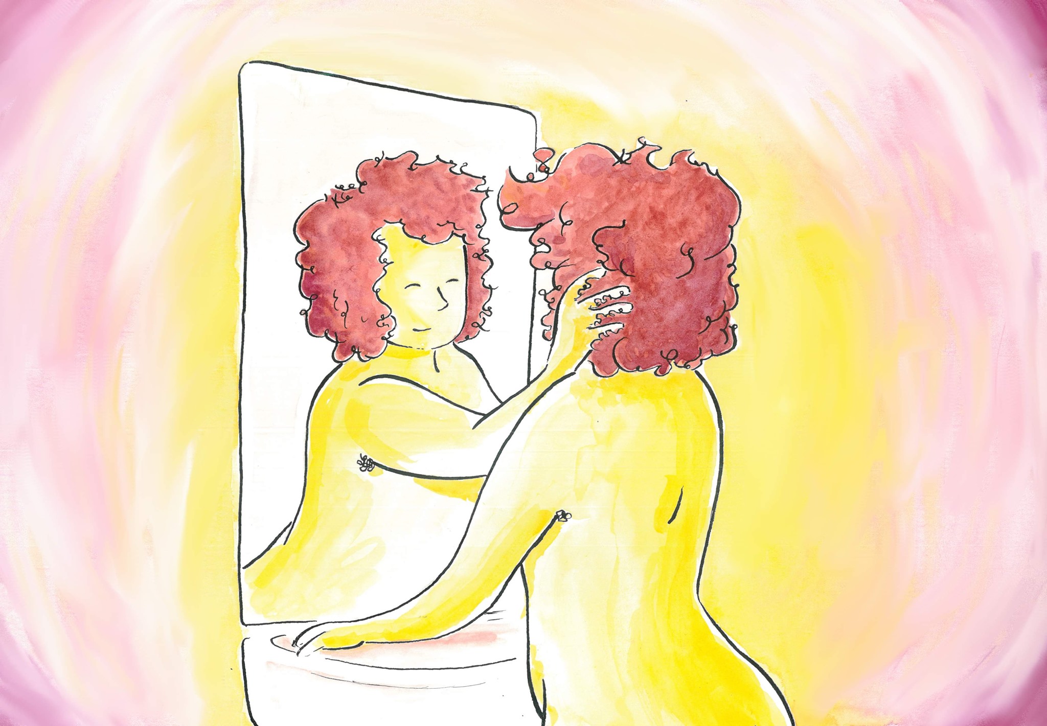 Une personne est penchée vers son miroir, son reflet lui caresse le visage avec amour (amour de soi) - Illustration Adrien Bonnamy